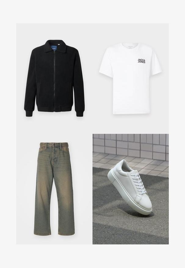 Svart fleece jakke med glidelås, høy krage, ribbestrikkede mansjetter og sidelommer med strukturert overflate.; Hvit bomull T-skjorte, korte ermer, rund hals. Har svart tekstlogo "JACK & JONES" på venstre brystområde. Enkel, ensfarget design.; Mørkegrønne denimjeans med løs passform, høy midje og subtile falmede områder. Har klassisk fem-lommers design og solid søm.; Hvit lær sneaker med glatt overflate, rund tå og flate hvite snøringer. Har en teksturert gummisåle og minimale design elementer.