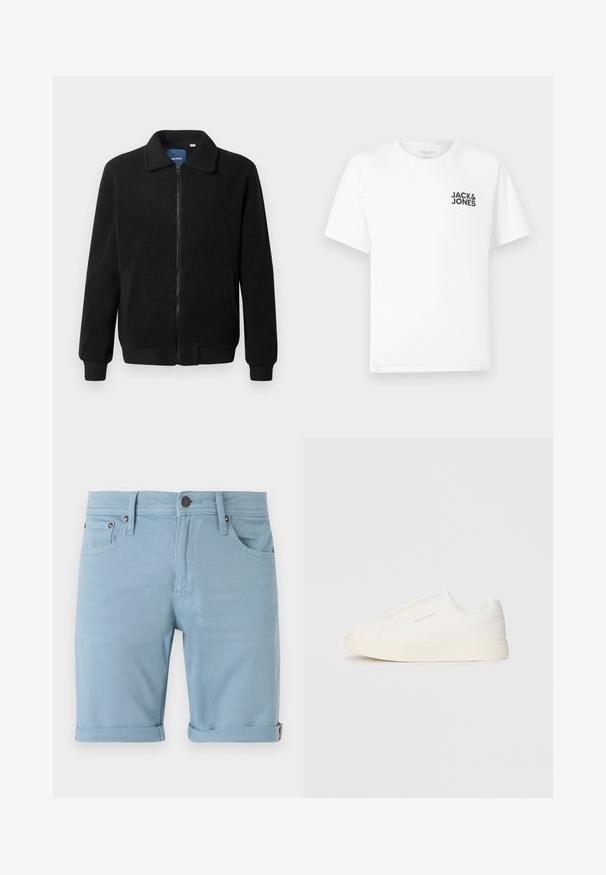 Schwarze Fleecejacke mit Reißverschluss, Stehkragen, gerippten Bündchen und seitlichen Taschen mit strukturiertem Oberflächenmaterial.; Weißes Baumwoll-T-Shirt mit kurzen Ärmeln und Rundhalsausschnitt. Enthält ein schwarzes Textlogo "JACK & JONES" auf der linken Brustseite. Einfaches, schlichtes Design.; Hellblaue Denim-Shorts mit klassischem Fünf-Taschen-Design, umgeschlagenem Saum, gestickten Details vorne und hinten sowie einem dunklen Knopfverschluss.; Weiße Slip-On-Sneaker mit einer strukturierten Oberfläche, dicker Sohle und minimalistischem Design. Mit Logo der Marke an der Seite.