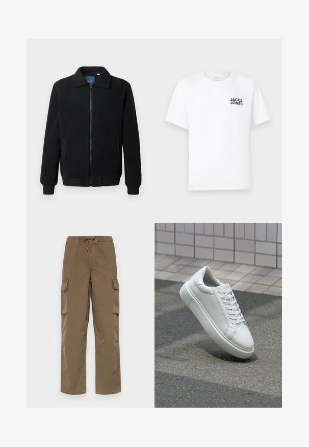 Svart fleece jakke med glidelås, høy krage, ribbestrikkede mansjetter og sidelommer med strukturert overflate.; Hvit bomull T-skjorte, korte ermer, rund hals. Har svart tekstlogo "JACK & JONES" på venstre brystområde. Enkel, ensfarget design.; GAP BAGGY CARGO PULL ON - Cargobukse - mud; Hvit lær sneaker med glatt overflate, rund tå og flate hvite snøringer. Har en teksturert gummisåle og minimale design elementer.