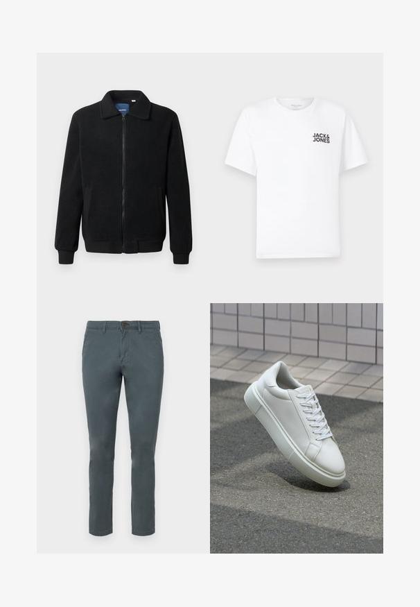 Giacca in pile nera con chiusura zip, colletto alto, polsini a coste e tasche laterali con superficie strutturata.; T-shirt bianca in cotone, maniche corte, collo rotondo. Presenta un logo in testo nero "JACK & JONES" nell'area sinistra del petto. Design semplice e minimale.; Pantaloni in cotone grigio con una vestibilità slim, chiusura con bottone e due tasche frontali. Tessuto liscio e design a gamba dritta.; Sneaker bianco in pelle con superficie liscia, punta rotonda e lacci piatti bianchi. Presenta una suola in gomma texturizzata e un design minimale.