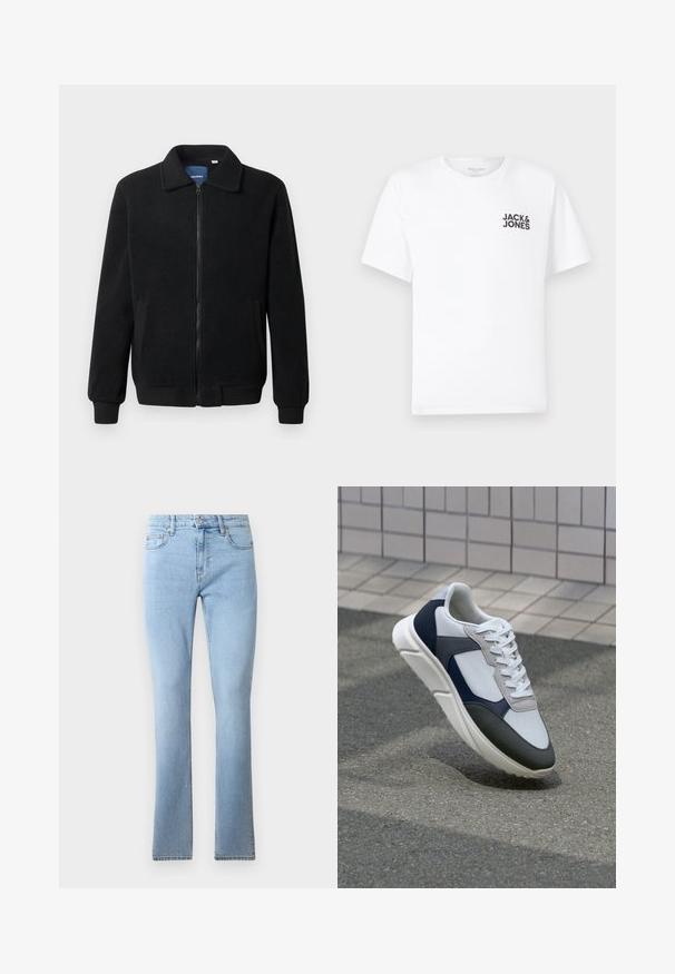 Čierna flísová bunda s uzáverom na zips, stojatým golierom, rebrovanými manžetami a bočnými vreckami s textúrovaným povrchom.; Biely bavlnený tričko, krátke rukávy, klasický výstrih. Obsahuje čierny textový logotyp "JACK & JONES" na ľavej strane hrudníka. Jednoduchý, hladký dizajn.; Svetlomodré rifľové nohavice s rozšírenými nohavicami a stredne vysokým pásom, s piatimi vreckami a kontrastným prešívaním. Hladká textúra s klasickým strihom.; Biele, námornícke a šedé tenisky s kombinovaným materiálom, so štruktúrovaným zvrškom, plochými šnúrkami a polstrovanou podošvou.