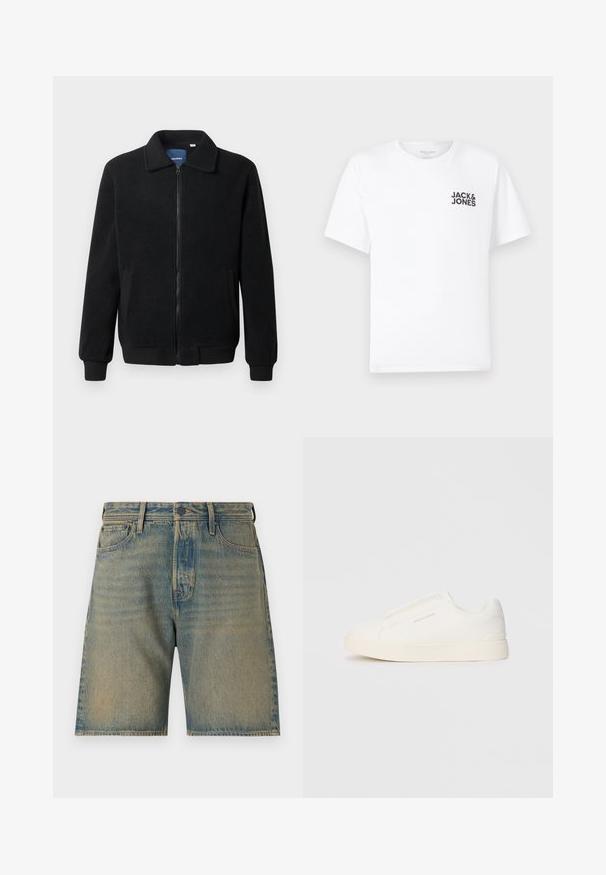 Black fleece jacket featuring a zip closure, stand collar, ribbed cuffs, and side pockets with a textured surface.; White cotton t-shirt, short sleeves, crew neck. Features black text logo "JACK & JONES" on the left chest area. Simple, plain design.; Denim shorts in light blue with a faded wash. Includes five pockets, zip fly, button closure, and sturdy stitching along the edges.; White slip-on sneakers with a textured surface, a thick sole, and minimalistic design. Features brand logo on the side.