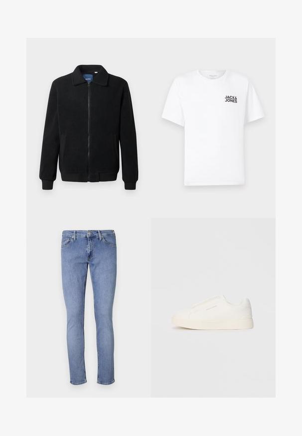 Fekete bolyhos dzseki cipzárral, állógallérral, bordázott mandzsettákkal és oldalzsebekkel, textúrált felülettel.; Fehér pamut póló, rövid ujjú, kerek nyakkivágással. A bal mellrészen található a fekete "JACK & JONES" feliratú logó. Egyszerű, sima dizájn.; Világoskék, slim fit farmernadrág. Öt zsebe van, elöl gombos záródással és minimális varrással rendelkezik. Sima textúrájú.; Fehér slip-on sportcipők texturált felülettel, vastag talppal és minimalista dizájnnal. Az oldalon a márka logója található.