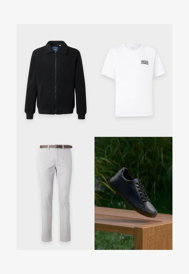 Črna flis jakna z zadrgo, stoječim ovratnikom, rebrastimi zapestji in stranskimi žepi s teksturirano površino.; Bela bombažna majica, kratki rokavi, okrogla izreza. Na levi strani prsnega dela se nahaja črn logotip "JACK & JONES". Preprost, enostaven dizajn.; Svetlo sivi hlače iz bombaža s slim fit krojem. Imajo rjavi usnjeni pas in minimalne detajle šivanja ob straneh.; Črne usnjene superge z gladko teksturo, okroglo špicasto konico in ravnimi vezalkami, postavljene nad leseno površino z zeleno travo v ozadju.