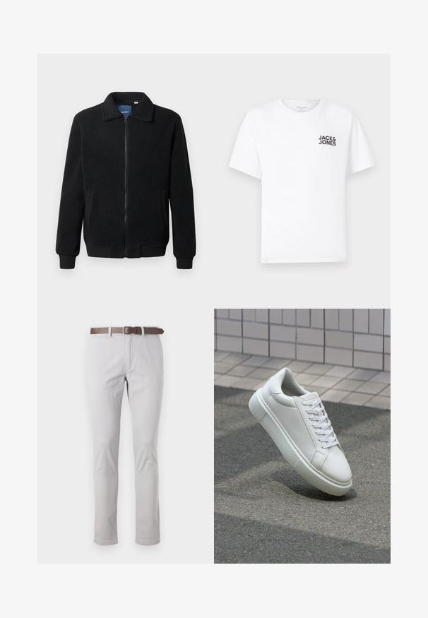 Black fleece jacket featuring a zip closure, stand collar, ribbed cuffs, and side pockets with a textured surface.; White cotton t-shirt, short sleeves, crew neck. Features black text logo "JACK & JONES" on the left chest area. Simple, plain design.; Light gray pants made of cotton with a slim fit. Features a brown leather belt and minimal stitching details on the sides.; White leather sneaker with a smooth surface, round toe, and flat white laces. Features a textured rubber sole and minimal design elements.