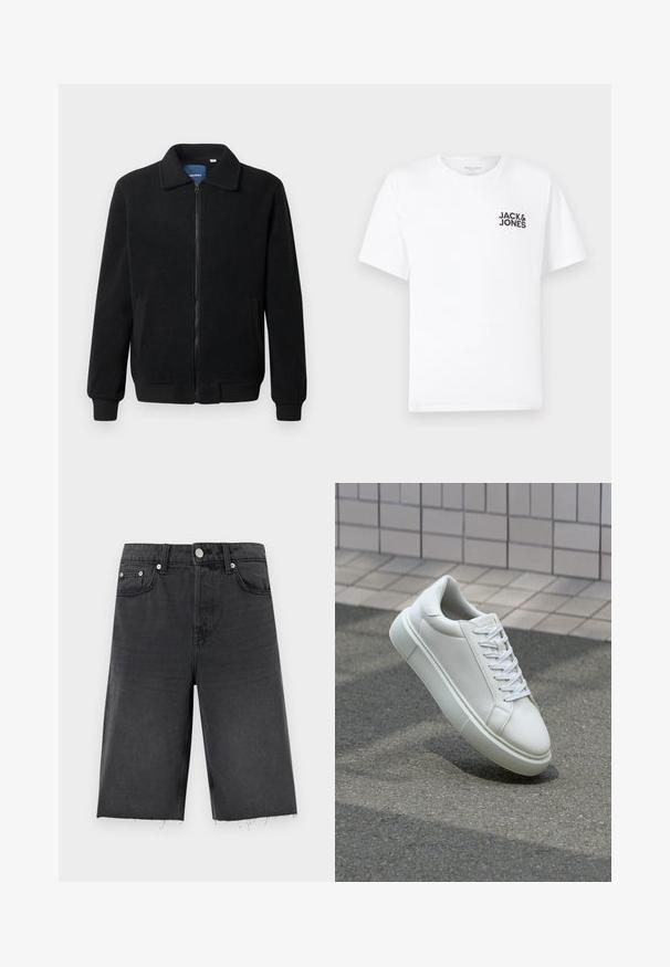 Fekete bolyhos dzseki cipzárral, állógallérral, bordázott mandzsettákkal és oldalzsebekkel, textúrált felülettel.; Fehér pamut póló, rövid ujjú, kerek nyakkivágással. A bal mellrészen található a fekete "JACK & JONES" feliratú logó. Egyszerű, sima dizájn.; Fekete farmer sort egyenes szabással, enyhén rojtos szegéllyel, övbújtatókkal, öt zsebbel és ezüstszínű gombokkal.; Fehér bőr sportcipő sima felülettel, kerek orral és lapos fehér fűzőkkel. Texturált gumitalppal és minimális dizájnelemekkel rendelkezik.