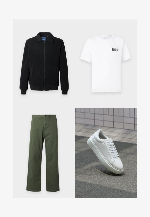 Fekete bolyhos dzseki cipzárral, állógallérral, bordázott mandzsettákkal és oldalzsebekkel, textúrált felülettel.; Fehér pamut póló, rövid ujjú, kerek nyakkivágással. A bal mellrészen található a fekete "JACK & JONES" feliratú logó. Egyszerű, sima dizájn.; Zöld, bő szárú nadrág, pamut keverék anyagból, gombos zárással, övhurkokkal és finom függőleges textúrával.; Fehér bőr sportcipő sima felülettel, kerek orral és lapos fehér fűzőkkel. Texturált gumitalppal és minimális dizájnelemekkel rendelkezik.