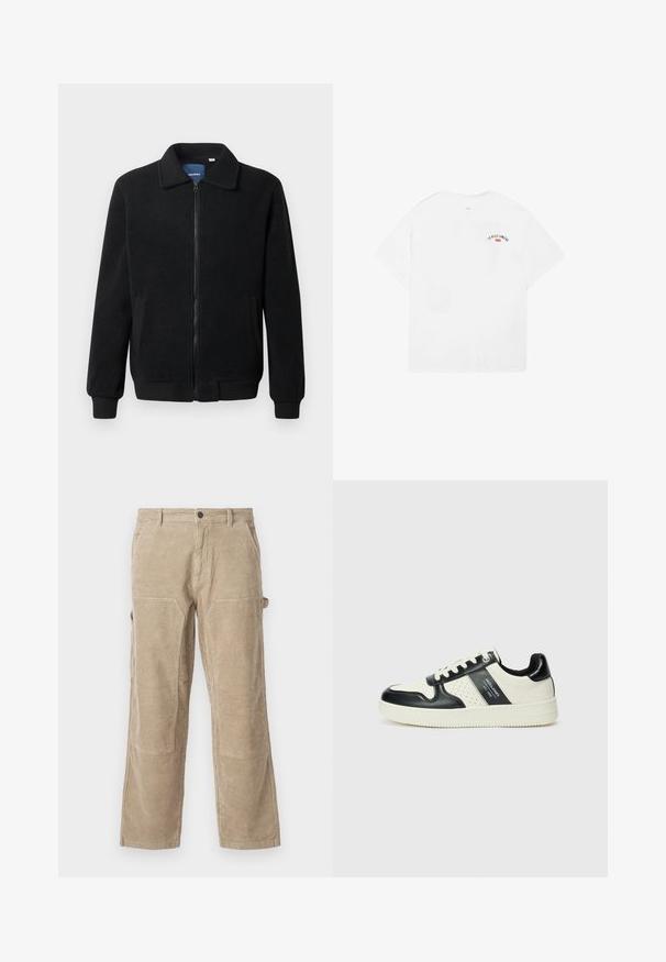 Schwarze Fleecejacke mit Reißverschluss, Stehkragen, gerippten Bündchen und seitlichen Taschen mit strukturiertem Oberflächenmaterial.; Weißes Baumwoll-T-Shirt mit kurzen Ärmeln, rundem Halsausschnitt und einem kleinen Grafik mit der Aufschrift „LA VILLE LUMIÈRE“ in Schwarz und Rot auf dem oberen Rücken.; Beige Cordura-Hosen mit geradem Bein, ausgestattet mit Seitentaschen und verstärkten Knieflicken. Strukturiertes Gewebe mit vertikalen Rippungen.; Leder-Sneaker in Schwarz- und Cremetönen, mit perforierten Akzenten, einem gepolsterten Kragen und einer strukturierten Laufsohle.