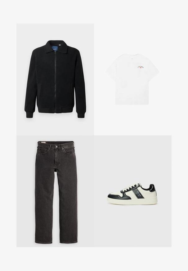 Chaqueta de forro polar negra con cierre de cremallera, cuello alzado, puños acanalados y bolsillos laterales con una superficie texturizada.; Camiseta blanca de algodón con mangas cortas, cuello redondo y un pequeño gráfico que dice "LA VILLE LUMIÈRE" en negro y rojo en la parte superior de la espalda.; Jeans de mezclilla negra con un diseño de pierna recta, cinco bolsillos y herrajes metálicos. La tela tiene una ligera textura y un acabado de color sólido.; Zapatillas de cuero con un esquema de colores negro y crema, que cuentan con acentos perforados, un collar acolchado y una suela texturizada.