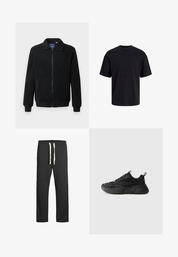 Giacca in pile nera con chiusura zip, colletto alto, polsini a coste e tasche laterali con superficie strutturata.; T-shirt in cotone nero con collo rotondo, maniche corte e vestibilità morbida. Texture liscia senza pattern o dettagli visibili.; Pantaloni della tuta neri realizzati in tessuto morbido, con vita regolabile tramite cordino e strisce bianche lungo le cuciture esterne. Texture liscia in tutto il capo.; Scarpe sportive nere con suola arrotondata, tomaia texture e collo imbottito. Presentano lacci, un linguetta e elementi di design sovrapposti.