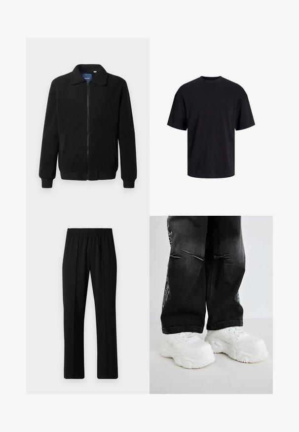 Schwarze Fleecejacke mit Reißverschluss, Stehkragen, gerippten Bündchen und seitlichen Taschen mit strukturiertem Oberflächenmaterial.; Schwarzes Baumwoll-T-Shirt mit Rundhalsausschnitt, kurzen Ärmeln und lässiger Passform. Glatte Oberflächenstruktur und keine sichtbaren Muster oder Akzente.; Schwarze, Gummibund-Hosen mit geradem Schnitt, die eine glatte Textur aufweisen und keine sichtbaren Muster oder Beschläge haben.; Weiße klobige Sneakers mit strukturierten Sohlen und Schnürdesign, kombiniert mit schwarzen Denim-Hosen, die seitliche Stickereien aufweisen.