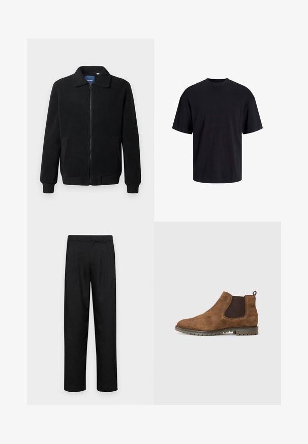 Jachetă din fleece neagră, cu închidere prin fermoar, guler înalt, manșete ribbate și buzunare laterale cu o suprafață texturată.; Tricou din bumbac negru, cu guler rotund, mâneci scurte și o croială lejeră. Textură netedă și fără modele sau accente vizibile.; Pantaloni negri dintr-un material neted, cu un design drept, două pliuri frontale și un tiv standard cu bucle pentru curea.; Botină Chelsea din suede maro, cu panouri laterale elastice, o buclă de tragere și o talpă din cauciuc texturată, având caneluri pentru aderență.