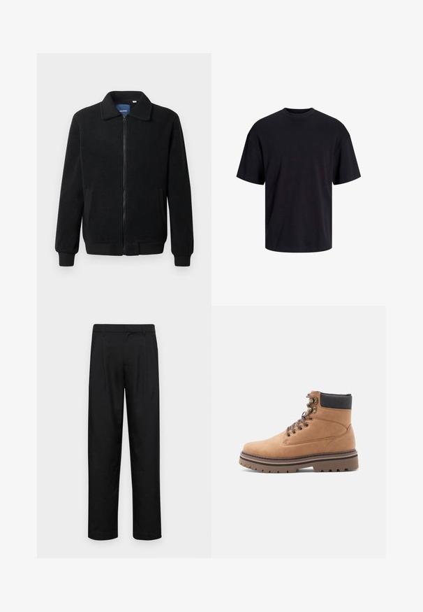 Musta fleece-takki, jossa on vetoketjulla suljettavat, pystykaulus, ribbireunat ja sivutaskut, joissa on teksturoitu pinta.; Musta puuvillapaita, jossa on pyöreä kaula-aukko, lyhyet hihat ja rento muotoilu. Yksinkertainen ja sileä pinta, ilman näkyviä kuvioita tai koristeita.; Mustat housut, jotka on valmistettu sileästä kankaasta, suoran lahkeen muotoilulla, kahdella etupleekillä ja tavanomaisella vyötäröllä, jossa on vyölenkit.; Vahva ruskea vaelluskenkä mustalla pehmustetulla kauluksella, metalliset nauha-aukot, ruskeat nauhat ja paksu ruskea uritettu pohja valkoista taustaa vasten.