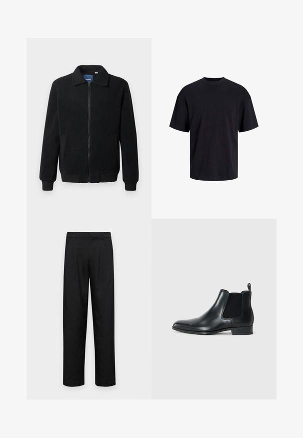 Juodas fliso džemperis su užtrauktuku, stovinčia apykakle, gumuotais rankogaliais ir šoninėmis kišenėmis, turinčiomis tekstūruotą paviršių.; Juodas medvilninis marškinėlis su apvaliu iškirpimu, trumpomis rankovėmis ir laisvu siluetu. Glotni tekstūra, be matomų raštų ar akcentų.; Juodi kelnių modeliai, pagaminti iš lygios medžiagos, turi tiesią kojas, du priekiniai klostės ir standartinę juosmenį su diržo kilpomis.; Juodos odinės Čelsio botai su elastingais šoniniais paneliais, suapvalintu nosiu, mažu kilimėliu gale ir žemu sukomplektuotu kulnu. Lygus paviršius.