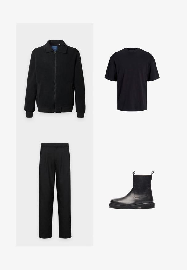 Czarna polarowa kurtka z zamkiem błyskawicznym, stójką, ściągaczami przy mankietach oraz bocznymi kieszeniami o teksturowanej powierzchni.; Czarna bawełniana koszulka z okrągłym dekoltem, krótkimi rękawami i luźnym krojem. Gładka tekstura, bez widocznych wzorów czy akcentów.; Czarne spodnie wykonane z gładkiego materiału, z prostą nogawką, dwoma fałdami z przodu oraz standardowym paskiem z wypustkami na pasek.; Czarne skórzane botki za kostkę o gładkim wykończeniu, z elastycznymi panelami bocznymi i pętelkami do zakładania, z okrągłym noskiem i płaską gumową podeszwą.
