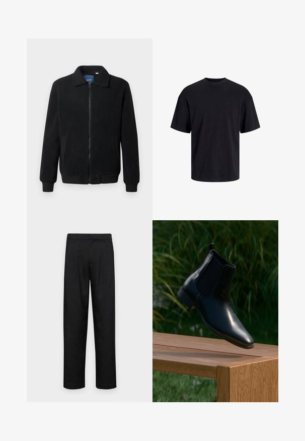 Jachetă din fleece neagră, cu închidere prin fermoar, guler înalt, manșete ribbate și buzunare laterale cu o suprafață texturată.; Tricou din bumbac negru, cu guler rotund, mâneci scurte și o croială lejeră. Textură netedă și fără modele sau accente vizibile.; Pantaloni negri dintr-un material neted, cu un design drept, două pliuri frontale și un tiv standard cu bucle pentru curea.; Botine Chelsea negre din piele, suspendate deasupra unei bănci din lemn, cu iarbă și plante în fundal.