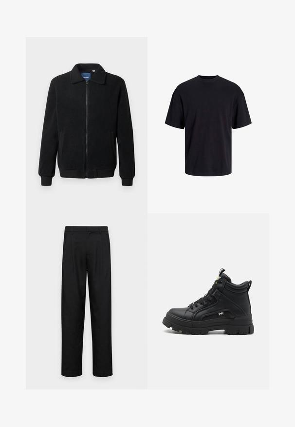 Chaqueta de forro polar negra con cierre de cremallera, cuello alzado, puños acanalados y bolsillos laterales con una superficie texturizada.; Camiseta de algodón negra con cuello redondo, mangas cortas y un ajuste relajado. Textura suave y sin patrones ni acentos visibles.; Pantalones negros de tela suave, con un diseño de pierna recta, dos pliegues frontales y una cintura estándar con trabillas para el cinturón.; Calzado negro de caña alta hecho de cuero texturizado, con una suela de goma gruesa, cordones en la parte delantera y un pequeño detalle del logo en el costado.
