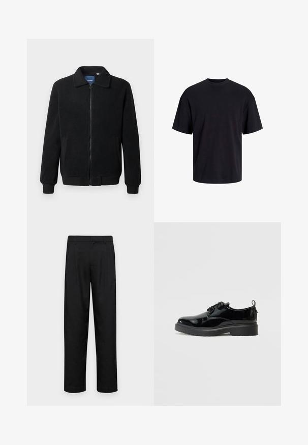 Musta fleece-takki, jossa on vetoketjulla suljettavat, pystykaulus, ribbireunat ja sivutaskut, joissa on teksturoitu pinta.; Musta puuvillapaita, jossa on pyöreä kaula-aukko, lyhyet hihat ja rento muotoilu. Yksinkertainen ja sileä pinta, ilman näkyviä kuvioita tai koristeita.; Mustat housut, jotka on valmistettu sileästä kankaasta, suoran lahkeen muotoilulla, kahdella etupleekillä ja tavanomaisella vyötäröllä, jossa on vyölenkit.; Musta patenttisi Nahkasaappaat, joissa on paksu kumi-ulkopohja ja kantanauha, näkyy sisäpuolelta valkoista taustaa vasten.