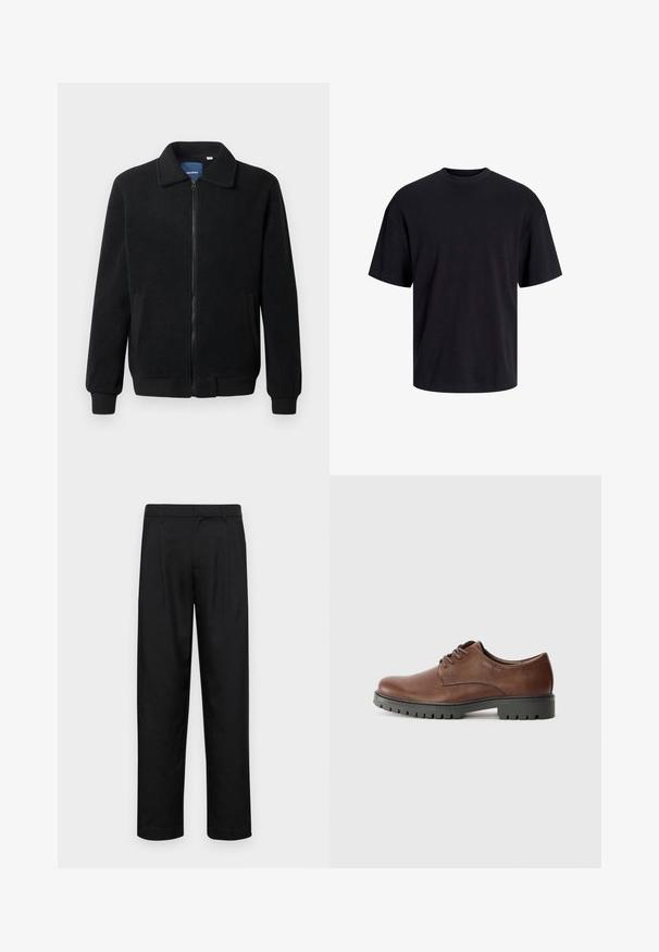 Black fleece jacket featuring a zip closure, stand collar, ribbed cuffs, and side pockets with a textured surface.; Black cotton t-shirt with a crew neckline, short sleeves, and a relaxed fit. Smooth texture and no visible patterns or accents.; Black trousers made of smooth fabric, featuring a straight-leg design, two front pleats, and standard waistband with belt loops.; Brown leather oxford shoe with a smooth texture, rounded toe, and black rubber outsole featuring a tread pattern. Laces attached on the front.