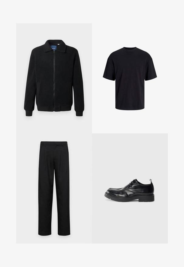 Musternahk fleece-jakk musternahaga, tõmblukk, seisev kaelus, soonikkoes varrukad ja küljetaskud tekstuurse pinnaga.; Must must on mustre, lühikeste varrukatega ja vabalt langev. Sile tekstuur ja ilma nähtavate mustrite või aktsentideta.; Mustad mustadest riietest, millel on sirge jalgade disain, kaks eesmist voltimist ja tavaline vöökoht, millel on vöökohad.; Must musta kingad, ümarate varvastega, nööpidega esiosaga ja dekoratiivse õmblusega. Omab paksu, tekstureeritud kummist talla ja kandetappi.