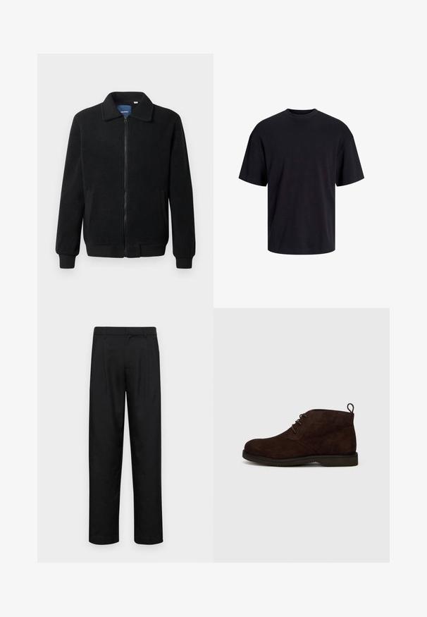 Schwarze Fleecejacke mit Reißverschluss, Stehkragen, gerippten Bündchen und seitlichen Taschen mit strukturiertem Oberflächenmaterial.; Schwarzes Baumwoll-T-Shirt mit Rundhalsausschnitt, kurzen Ärmeln und lässiger Passform. Glatte Oberflächenstruktur und keine sichtbaren Muster oder Akzente.; Schwarze Hose aus glattem Stoff, mit geradem Bein Design, zwei vorderen Falten und einem Standardbund mit Gürtelschlaufen.; Braune Wildleder-Ankle-Boots mit runder Zehenform, ausgestattet mit Schnürsenkeln und einer Zuglasche an der Rückseite, auf einer Gummisohle mit strukturiertem Oberfläche.