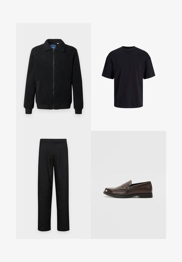 Melnā vilnas jaka ar rāvējslēdzēju, stāvošu apkakli, ribotām piedurknēm un sānu kabatām ar teksturētu virsmu.; Melns kokvilnas T-krekls ar apaļu kakla izgriezumu, īsām piedurknēm un brīvu piegriezumu. Gluda tekstūra un nav redzamu rakstu vai akcentu.; Melnas bikses, izgatavotas no gludas auduma, ar taisnu kāju dizainu, divām priekšējām krokām un standarta jostu, kurai ir āķi.; Brūni ādas loaferi ar noapaļotu purngalu, dekoratīvām šuvēm un mazu, plakanu papēdi. Gluda tekstūra ar nepamanāmiem dizaina elementiem.