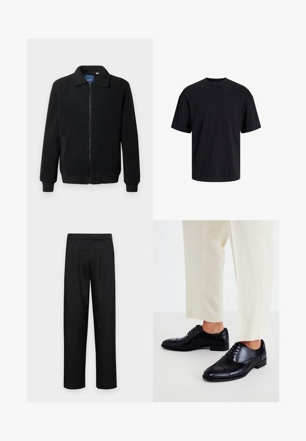 Giacca in pile nera con chiusura zip, colletto alto, polsini a coste e tasche laterali con superficie strutturata.; T-shirt in cotone nero con collo rotondo, maniche corte e vestibilità morbida. Texture liscia senza pattern o dettagli visibili.; Pantaloni neri realizzati in tessuto liscio, caratterizzati da un taglio dritto, due pieghe frontali e una vita standard con passanti per la cintura.; Call it Spring CARLISLE - Stringate eleganti - black