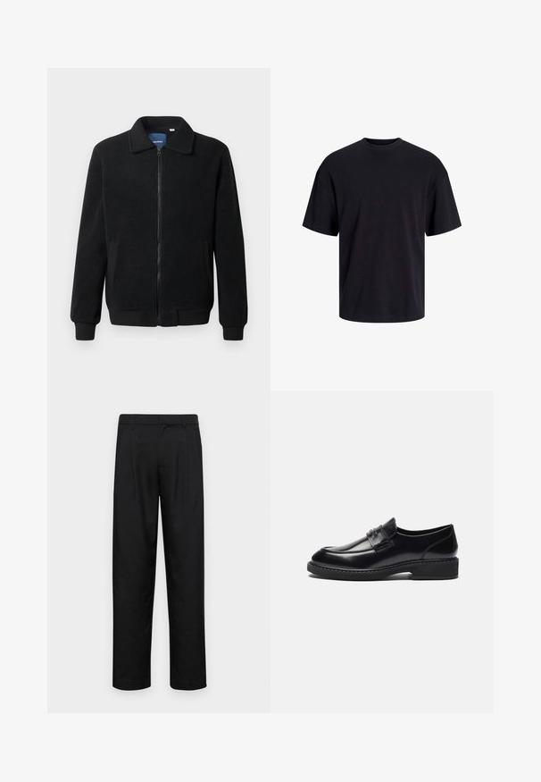Crni flis jakna s zatvaranjem na zip, stojećim ovratnikom, rebrastim manžetama i bočnim džepovima s teksturiranom površinom.; Crna pamučna majica s okruglim izrezom, kratkim rukavima i opuštenim krojem. Glatka tekstura bez vidljivih uzoraka ili dekoracija.; Crne hlače od glatkog materijala, s dizajnom ravnih nogavica, dva prednja nabora i standardnim pojasom s petljama za remen.; Zign LEATHER - Obuća na navlačenje - black