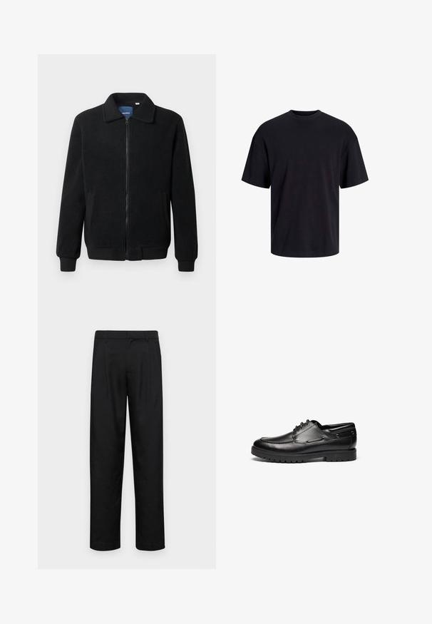 Melnā vilnas jaka ar rāvējslēdzēju, stāvošu apkakli, ribotām piedurknēm un sānu kabatām ar teksturētu virsmu.; Melns kokvilnas T-krekls ar apaļu kakla izgriezumu, īsām piedurknēm un brīvu piegriezumu. Gluda tekstūra un nav redzamu rakstu vai akcentu.; Melnas bikses, izgatavotas no gludas auduma, ar taisnu kāju dizainu, divām priekšējām krokām un standarta jostu, kurai ir āķi.; Melni ādas kurpju modeļi ar dizaina šņorēm, noapaļotu purngalu, dekoratīvu diegu un izturīgu gumijas zoli ar dziļiem zobratiem pretslīdēšanai.