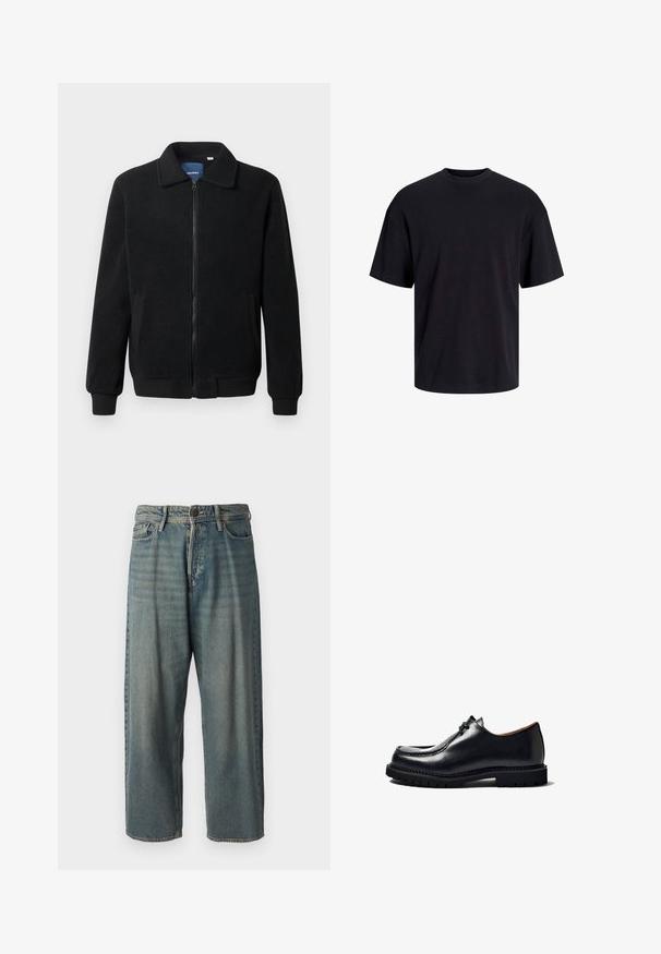 Melnā vilnas jaka ar rāvējslēdzēju, stāvošu apkakli, ribotām piedurknēm un sānu kabatām ar teksturētu virsmu.; Melns kokvilnas T-krekls ar apaļu kakla izgriezumu, īsām piedurknēm un brīvu piegriezumu. Gluda tekstūra un nav redzamu rakstu vai akcentu.; Gaiši zili džinsi ar brīvu piegriezumu, vidējo jostas augstumu un taisnām kājām. Satur piecas kabatas, jostas cilpas un pogu aizdari.; Melnas ādas kurpes ar noapaļotu purngalu, saistījumu dizainu, šuvju detalizāciju un teksturētu gumijas zoli. Gluda virsma ar spīdīgu apdari.