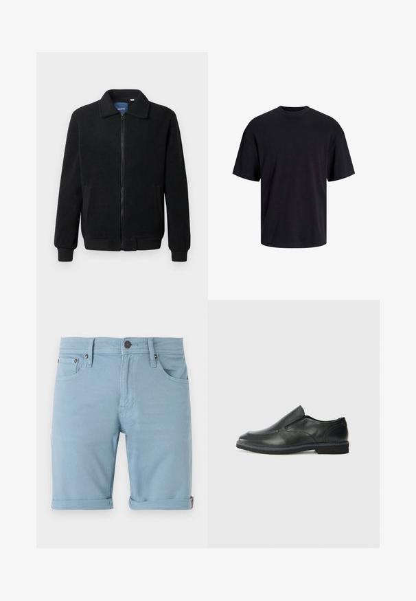 Svart fleece jakke med glidelås, høy krage, ribbestrikkede mansjetter og sidelommer med strukturert overflate.; Svart bomull t-skjorte med rund hals, korte ermer og en avslappet passform. Glatt tekstur uten synlige mønstre eller detaljer.; Lyse blå denimshorts med klassisk fem-lommer design, oppbrettede ermer, front- og bakstingdetaljer, og mørk knappelukking.; Sorte skinn slip-on sko med en jevn overflate, stikking detaljer, rund tå og en lav gummihæl. Sålen har minimal mønstring.
