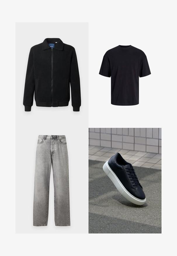 Czarna polarowa kurtka z zamkiem błyskawicznym, stójką, ściągaczami przy mankietach oraz bocznymi kieszeniami o teksturowanej powierzchni.; Czarna bawełniana koszulka z okrągłym dekoltem, krótkimi rękawami i luźnym krojem. Gładka tekstura, bez widocznych wzorów czy akcentów.; Szare dżinsowe spodnie typu wide-leg. Posiadają wysoki stan, pięć kieszeni oraz zapięcie na guzik i zamek błyskawiczny. Na tkaninie występują subtelne przetarcia.; Czarne skórzane sneakersy z okrągłym noskiem i białą gumową podeszwą. Posiadają płaskie sznurowadła i minimalne przeszycia na cholewce. Teksturowana podeszwa zapewnia przyczepność.