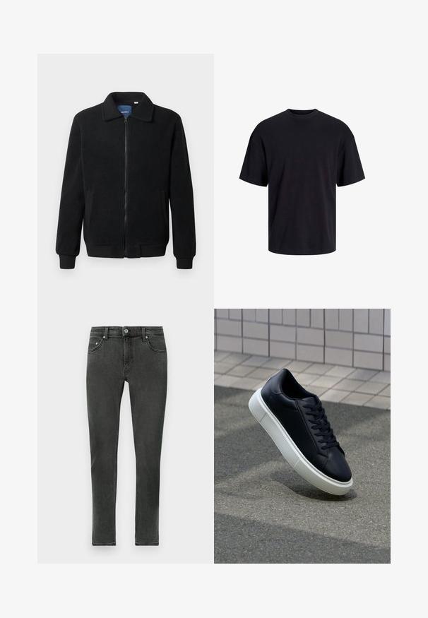 Veste en polaire noire avec fermeture éclair, col montant, poignets côtelés et poches latérales avec une surface texturée.; T-shirt en coton noir avec un col ras du cou, des manches courtes et une coupe décontractée. Texture lisse sans motifs ni accents visibles.; Jean skinny gris foncé en denim à la texture lisse, présentant un fermeture à boutons classique et un design standard à cinq poches.; Baskets noires en cuir avec bout arrondi et semelle en caoutchouc blanc. Elles présentent des lacets plats et une couture minimale sur la tige. Semelle texturée pour une bonne adhérence.