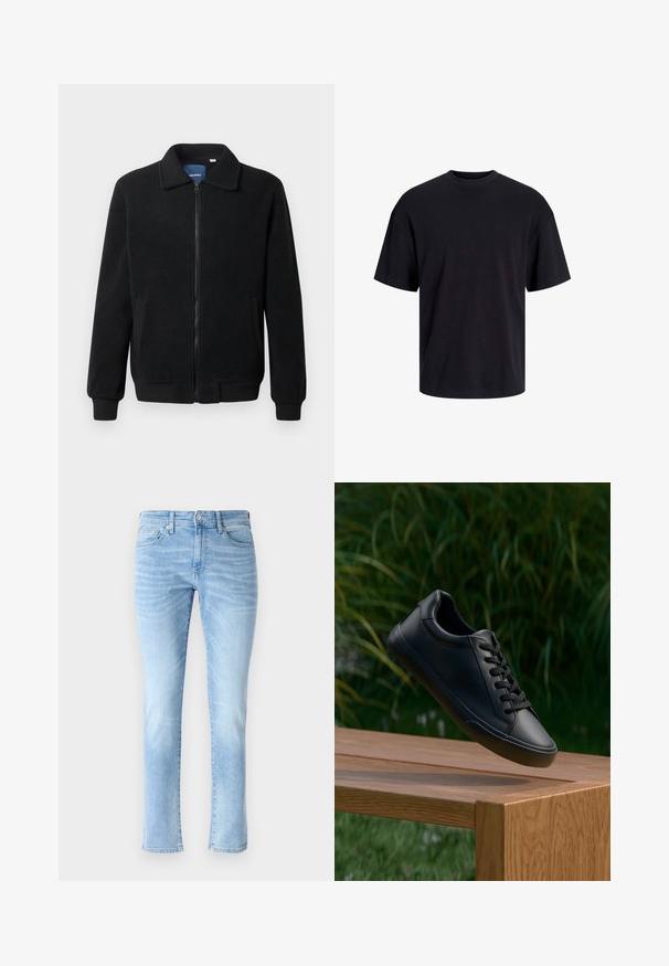 Černá fleecová bunda s zipovým uzávěrem, stojáčkem, vroubkovanými manžetami a bočními kapsami s texturovaným povrchem.; Černé bavlněné tričko s kulatým výstřihem, krátkými rukávy a volným střihem. Hladká textura a žádné viditelné vzory ani akcenty.; Světle modré džíny z denimu s úzkým střihem, pěticípým designem a jemnými vybledlými detaily, se klasickým rovnýma nohama a knoflíkovým zapínáním.; Černé kožené tenisky s hladkým povrchem, kulatou špičkou a plochými tkaničkami, umístěné nad dřevěným povrchem s pozadím zelené trávy.