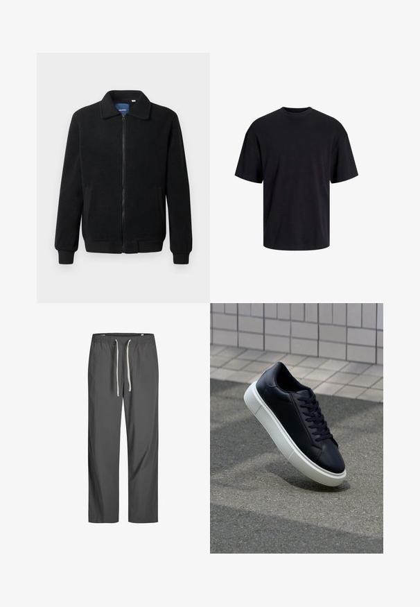 Sort fleecejakke med lynlås, opretstående krave, ribbede manchetter og sidelommer med en tekstureret overflade.; Sort bomulds t-shirt med rund hals, korte ærmer og en afslappet pasform. Glat tekstur uden synlige mønstre eller accenter.; Grå, letvægtsbukser med elastisk talje og hvid snor. Løs pasform, glat tekstur, ingen synlige mønstre eller accenter.; Sort lædersneaker med rund tå og hvid gummisål. Har flade snørebånd og minimal syning på overdelen. Tekstureret sål for bedre greb.