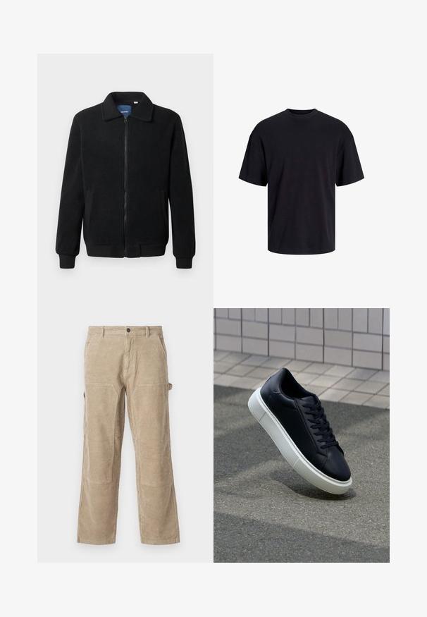 Musta fleece-takki, jossa on vetoketjulla suljettavat, pystykaulus, ribbireunat ja sivutaskut, joissa on teksturoitu pinta.; Musta puuvillapaita, jossa on pyöreä kaula-aukko, lyhyet hihat ja rento muotoilu. Yksinkertainen ja sileä pinta, ilman näkyviä kuvioita tai koristeita.; Beige corduroy-housut suoralla lahkeella, joissa on sivutaskut ja vahvistetut polvipatchit. Kuosisessa kankaassa on pystyribbityksellä.; Mustat nahkakengät, joissa on pyöristetty kärki ja valkoinen kumipohja. Varusteena litteät nauhat ja minimaalinen ommel ylhäällä. Teksturoitu pohja pitävyyden lisäämiseksi.