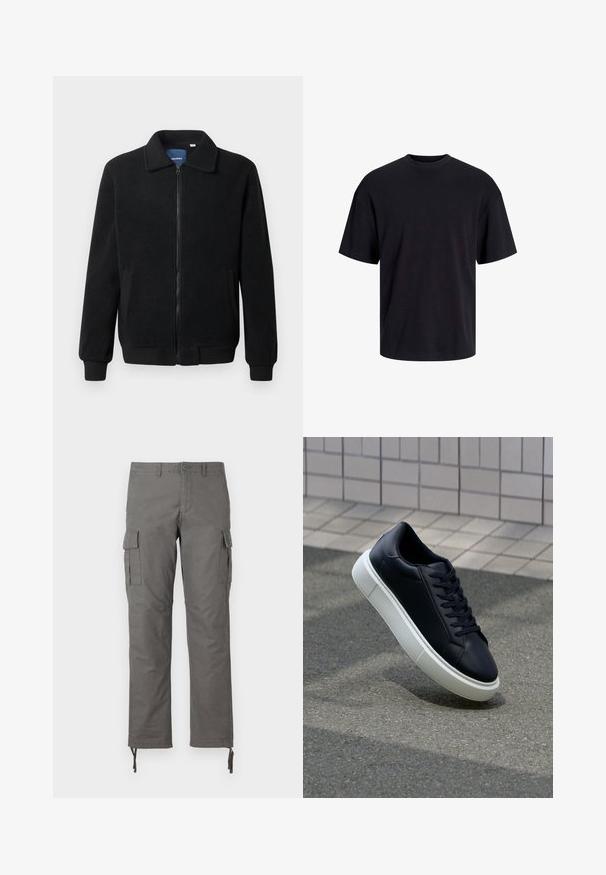 Crni flis jakna s zatvaranjem na zip, stojećim ovratnikom, rebrastim manžetama i bočnim džepovima s teksturiranom površinom.; Crna pamučna majica s okruglim izrezom, kratkim rukavima i opuštenim krojem. Glatka tekstura bez vidljivih uzoraka ili dekoracija.; Sive cargo hlače s ravnim krojem, više bočnih džepova i podešavanim zatvaračima na gležnjem. Izrađene od izdržljivog materijala.; Crne kožne tenisice s zaobljenim vrhom i bijelim gumiranim potplatom. Imaju ravne vezice i minimalno šivanje na gornjem dijelu. Teksturirani potplat za bolje prianjanje.