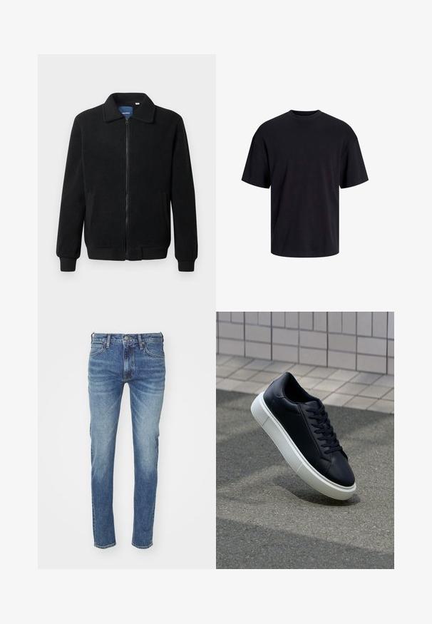 Svart fleecjacka med dragkedja, ståkrage, ribbade muddar och sidofickor med texturerad yta.; Svart bomullströja med rundad halsringning, korta ärmar och avslappnad passform. Slät textur utan synliga mönster eller detaljer.; Blå denimjeans med en blek look, raka ben, femficksdesign och bälteshällor; har en klassisk knapp- och dragkedjestängning.; Svart lädersneaker med rundad tå och vit gummisula. Har platta snören och minimal sömnad på ovansidan. Texturerad sula för grepp.