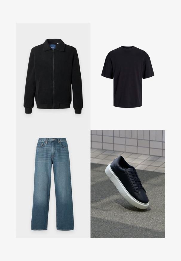 Černá fleecová bunda s zipovým uzávěrem, stojáčkem, vroubkovanými manžetami a bočními kapsami s texturovaným povrchem.; Černé bavlněné tričko s kulatým výstřihem, krátkými rukávy a volným střihem. Hladká textura a žádné viditelné vzory ani akcenty.; Široké tmavě modré džíny z denimu s knoflíkovým zapínáním, poutky na opasek a efektivně vybledlým vzhledem. Mají pět kapes a kontrastní švy.; Černé kožené tenisky s kulatou špičkou a bílou gumovou podrážkou. mají ploché tkaničky a minimální šití na svršku. Texturovaná podrážka pro lepší přilnavost.
