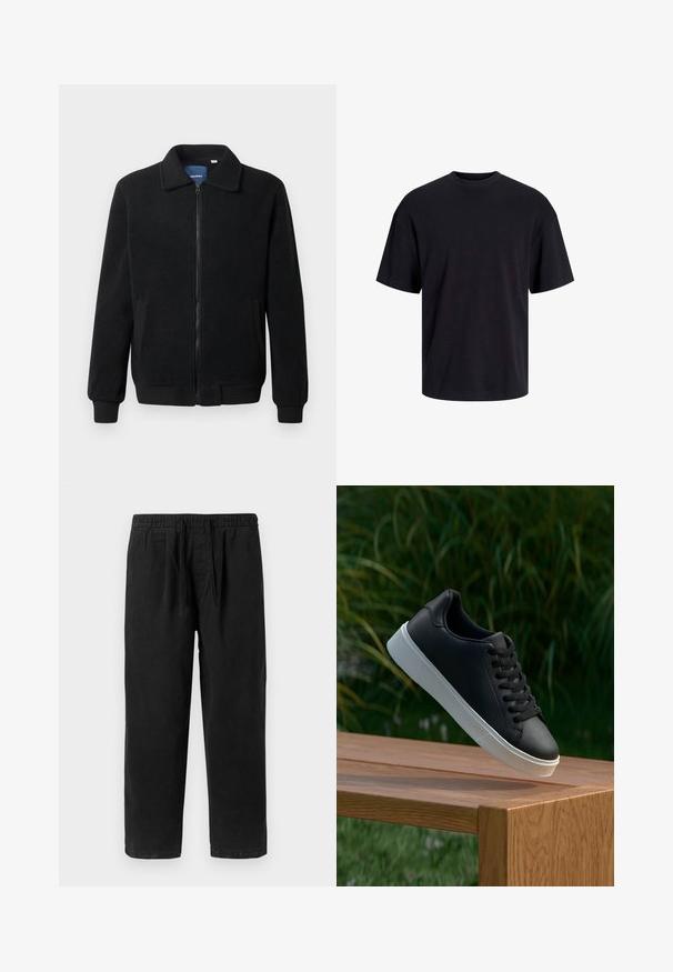 Veste en polaire noire avec fermeture éclair, col montant, poignets côtelés et poches latérales avec une surface texturée.; T-shirt en coton noir avec un col ras du cou, des manches courtes et une coupe décontractée. Texture lisse sans motifs ni accents visibles.; Pantalons en coton noir avec une taille élastique et un cordon de serrage, offrant une coupe décontractée et des jambes droites sans poches.; Baskets en cuir noir avec une texture lisse, semelle en caoutchouc blanc, et six œillets pour les lacets, disposées sur une surface en bois.