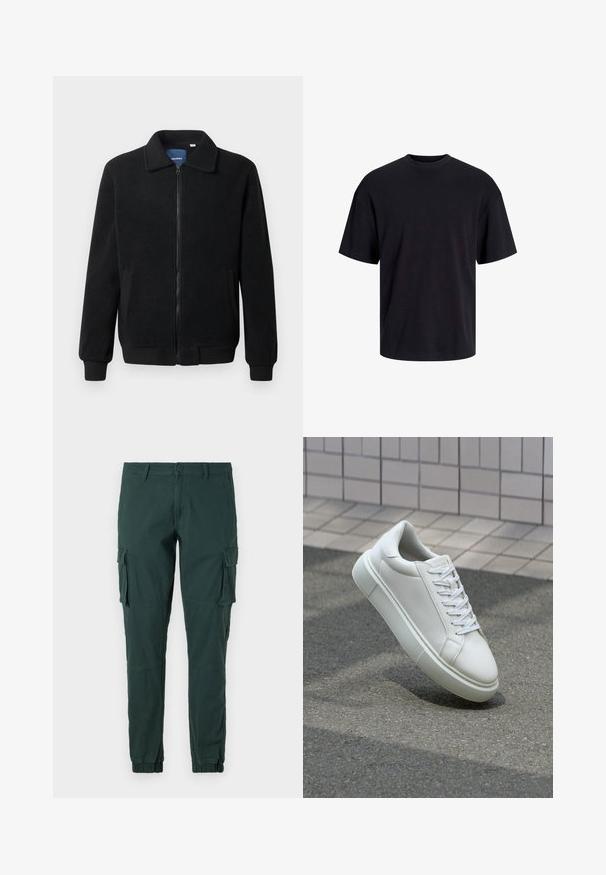 Čierna flísová bunda s uzáverom na zips, stojatým golierom, rebrovanými manžetami a bočnými vreckami s textúrovaným povrchom.; Čierne bavlnené tričko s okrúhlym výstrihom, krátkymi rukávmi a uvoľneným strihom. Hladká textúra bez viditeľných vzorov alebo akcentov.; Zelené cargo nohavice so slim fit strihom, so elastickými manžetami, bočnými vreckami a klasickým gombíkovým zapínaním. Vyrobené z jemnej, odolnej látky.; Biele kožené tenisky s hladkým povrchom, okrúhlym špičkou a plochými bielymi šnúrkami. Obsahuje štruktúrovanú gumovú podrážku a minimalistický dizajn.