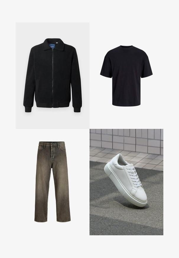 Svart fleecjacka med dragkedja, ståkrage, ribbade muddar och sidofickor med texturerad yta.; Svart bomullströja med rundad halsringning, korta ärmar och avslappnad passform. Slät textur utan synliga mönster eller detaljer.; Mörk grå vida jeans med en urtvättad finish, fem fickors design, knappgylf och bälteshällor. Tillverkade av hållbart denimtyg.; Vit lädersneaker med en slät yta, rund tå och platta vita snören. Har en texturerad gummisula och minimalistiska designelement.