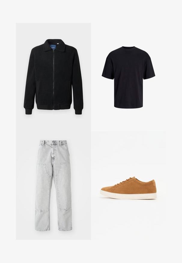 Crni flis jakna s zatvaranjem na zip, stojećim ovratnikom, rebrastim manžetama i bočnim džepovima s teksturiranom površinom.; Crna pamučna majica s okruglim izrezom, kratkim rukavima i opuštenim krojem. Glatka tekstura bez vidljivih uzoraka ili dekoracija.; Svijetlosive traperice s ležernim krojem, s velikim bočnim džepovima, vidljivim šavovima i ravnim nogavicama. Petlje za remen na struku.; Smeđe semiš tenisice s niskim dizajnom, bijelim gumenim potplatom i okruglim vrhom. Imaju odgovarajuće vezice i minimalno brendiranje na peti.