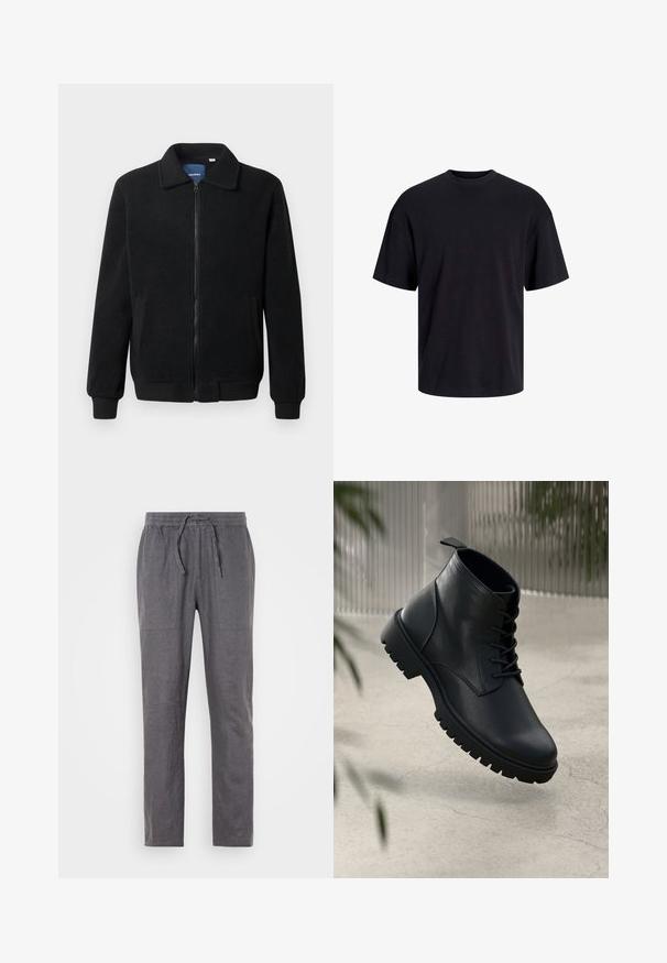 Crni flis jakna s zatvaranjem na zip, stojećim ovratnikom, rebrastim manžetama i bočnim džepovima s teksturiranom površinom.; Crna pamučna majica s okruglim izrezom, kratkim rukavima i opuštenim krojem. Glatka tekstura bez vidljivih uzoraka ili dekoracija.; Sive lanene hlače s elastičnom gumom u struku i vezicom. Imaju dva prednja džepa, ravne nogavice i teksturiranu tkaninu.; Crne kožne čizme do gležnja s округлим prstima, čipkastim dizajnom i robusnim gumenim đonom. Glatka tekstura s trakicom na stražnjoj strani.