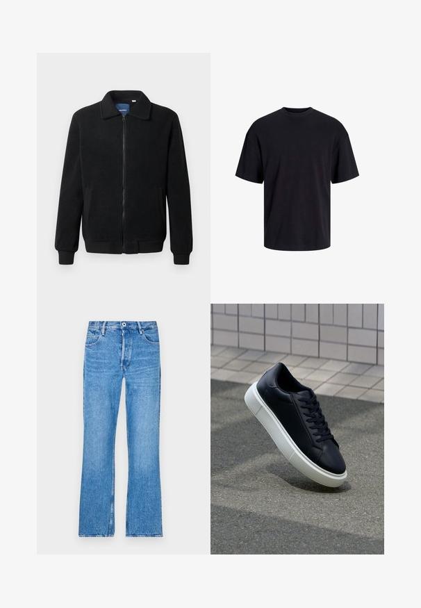 Crni flis jakna s zatvaranjem na zip, stojećim ovratnikom, rebrastim manžetama i bočnim džepovima s teksturiranom površinom.; Crna pamučna majica s okruglim izrezom, kratkim rukavima i opuštenim krojem. Glatka tekstura bez vidljivih uzoraka ili dekoracija.; Plave, ravne traperice od denima s izblijedjelim pranjem. Imaju kopčanje na gumb, petlje za remen i standardni dizajn s pet džepova.; Crne kožne tenisice s zaobljenim vrhom i bijelim gumiranim potplatom. Imaju ravne vezice i minimalno šivanje na gornjem dijelu. Teksturirani potplat za bolje prianjanje.