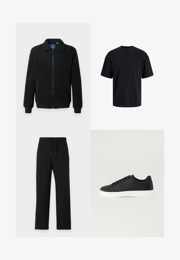 Black fleece jacket featuring a zip closure, stand collar, ribbed cuffs, and side pockets with a textured surface.; Black cotton t-shirt with a crew neckline, short sleeves, and a relaxed fit. Smooth texture and no visible patterns or accents.; Jack & Jones JPSTKANE JJCHARGE UNCUFFED - Tracksuit bottoms - black; Pier One UNISEX - Trainers - black