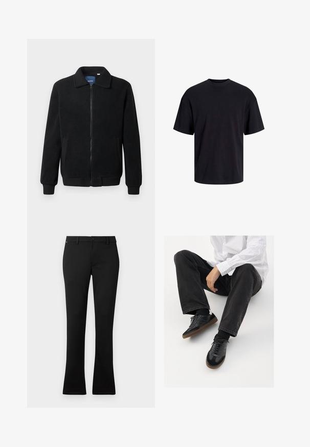 Musternahk fleece-jakk musternahaga, tõmblukk, seisev kaelus, soonikkoes varrukad ja küljetaskud tekstuurse pinnaga.; Must must on mustre, lühikeste varrukatega ja vabalt langev. Sile tekstuur ja ilma nähtavate mustrite või aktsentideta.; Mustadest kangast püksid, millel on sirge lõige ja veidi laienev alajõud, ees nupulukk ja vööde loobid.; Mustad spordijalatsid siledast ja tekstuurilisest ülemisest osast, millel on kummist tald ja tumedad nöörid. Kombineeritud mustade teksade ja valge triibulise särgiga.