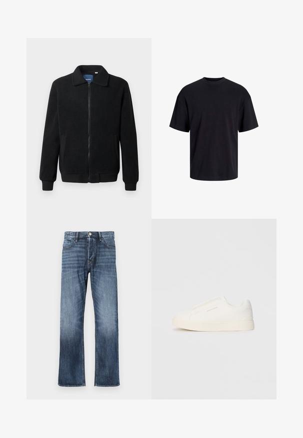 Crni flis jakna s zatvaranjem na zip, stojećim ovratnikom, rebrastim manžetama i bočnim džepovima s teksturiranom površinom.; Crna pamučna majica s okruglim izrezom, kratkim rukavima i opuštenim krojem. Glatka tekstura bez vidljivih uzoraka ili dekoracija.; Tamno plave traperice s ravnim nogavicama, prednjim džepovima, zatvaranjem na dugme i blagim izbljeđivanjem na rubu. Bez ukrasa.; Bijele slip-on tenisice s teksturiranom površinom, debelim đonom i minimalističkim dizajnom. Sadrže logo branda sa strane.