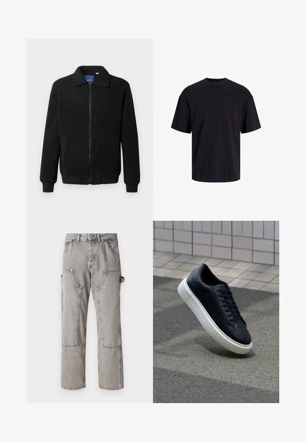 Crni flis jakna s zatvaranjem na zip, stojećim ovratnikom, rebrastim manžetama i bočnim džepovima s teksturiranom površinom.; Crna pamučna majica s okruglim izrezom, kratkim rukavima i opuštenim krojem. Glatka tekstura bez vidljivih uzoraka ili dekoracija.; Jack & Jones JJIEDDIE PAINTER - Traperice opuštenog kroja - grey denim; Crne kožne tenisice s zaobljenim vrhom i bijelim gumiranim potplatom. Imaju ravne vezice i minimalno šivanje na gornjem dijelu. Teksturirani potplat za bolje prianjanje.