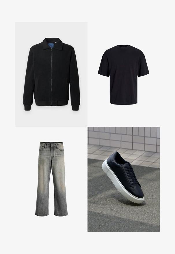 Musternahk fleece-jakk musternahaga, tõmblukk, seisev kaelus, soonikkoes varrukad ja küljetaskud tekstuurse pinnaga.; Must must on mustre, lühikeste varrukatega ja vabalt langev. Sile tekstuur ja ilma nähtavate mustrite või aktsentideta.; Laiad jandad kahvatu hallis denimis, millel on kerge ombre efekt. Omab esipocketeid ja nähtavat õmblusdetaili. Sisaldab kergeid kulumise märke.; Mustast nahast tennisetoss, millel on ümar nina ja valge kummist tall. Omab siredaid paelu ja minimaalset õmblemist ülemises osas. Tekstuuriga tald, mis tagab haakuvuse.